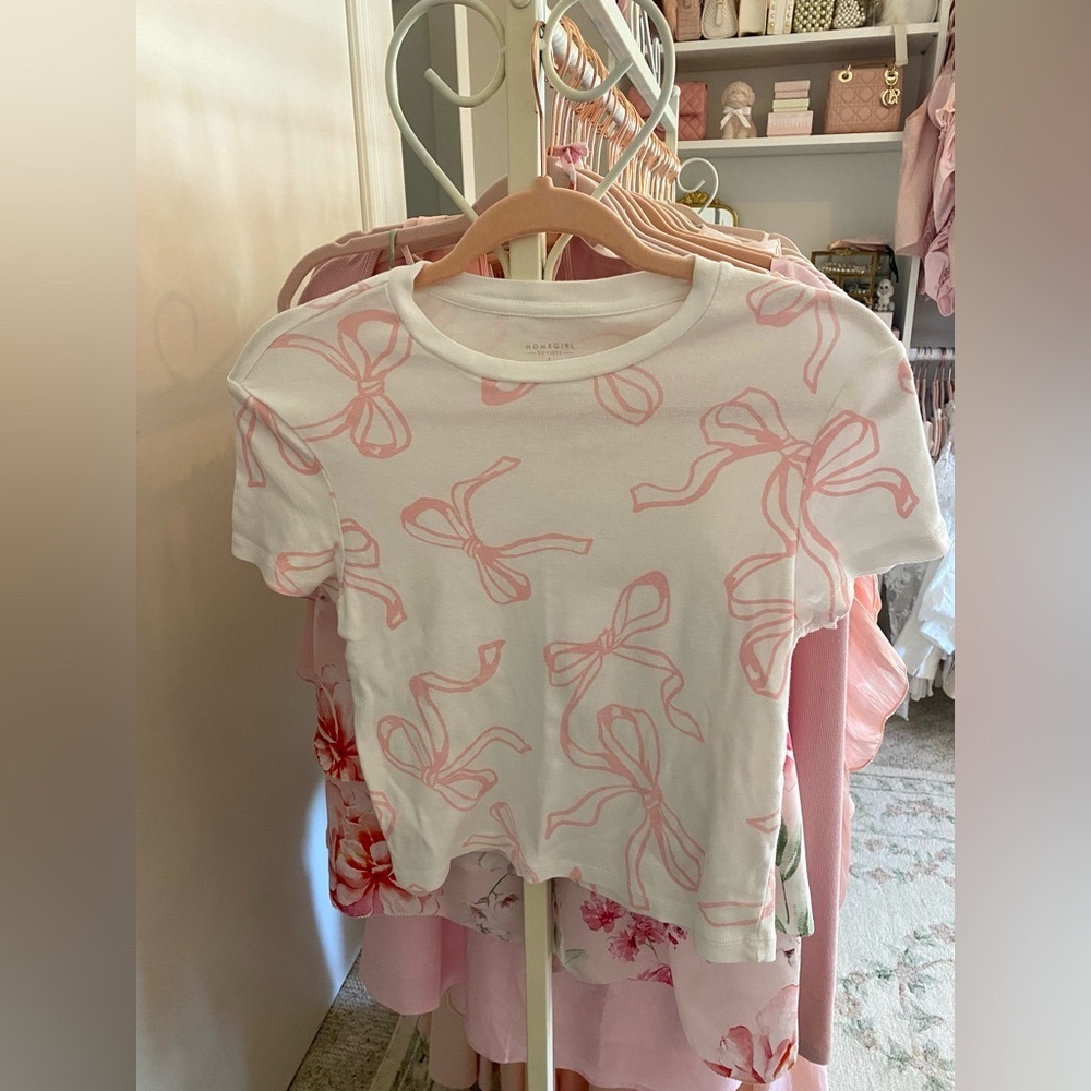 Bow baby tee pink white
